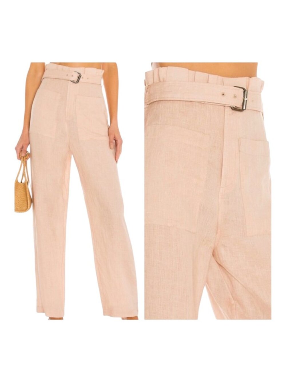 Tularosa Pants Women Small Pink Paloma Linen Belted‎ Paper Bag Wide Leg Preppy